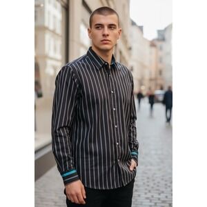 Versus Versace Mens Striped Button Up Shirt IT 48 M‎ Black Made In Italy
